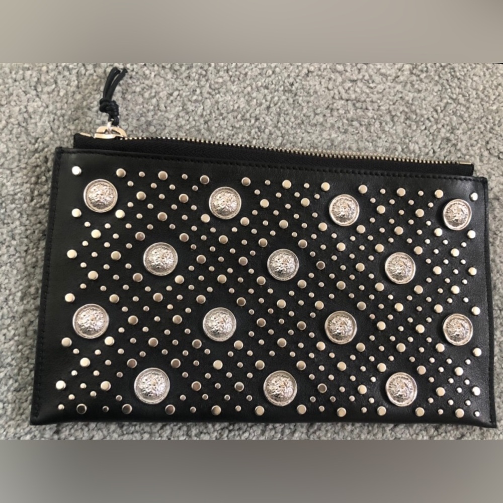 New Versus Versace Italy nickel lion black leather zip pouch clutch hand purse